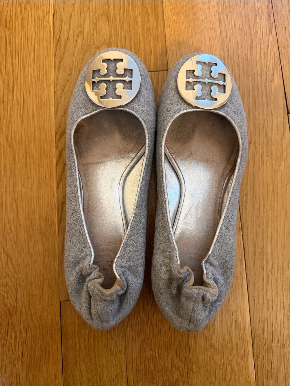 Tory Burch Light Gray Suede Logo Ballet Flats